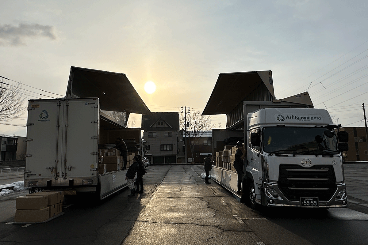 Export trucks prepared for koi shipment in Niigata