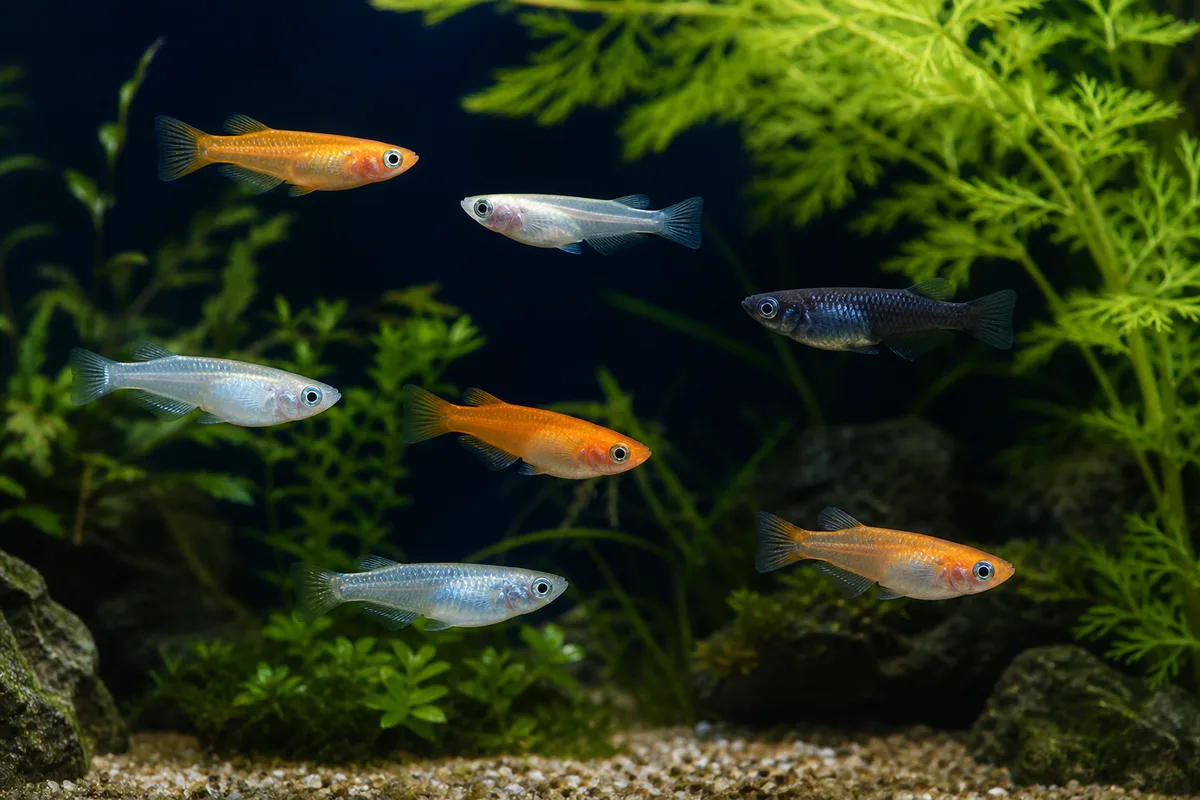 Colourful Japanese Medaka swimming in a planted aquarium